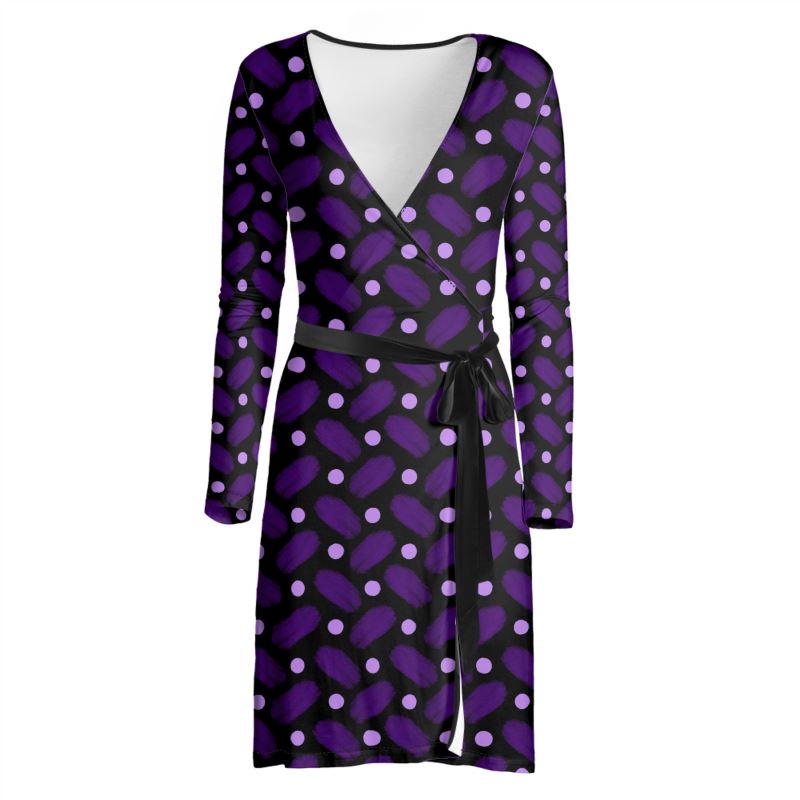 Indigo and Dots on Black Wrap Dress