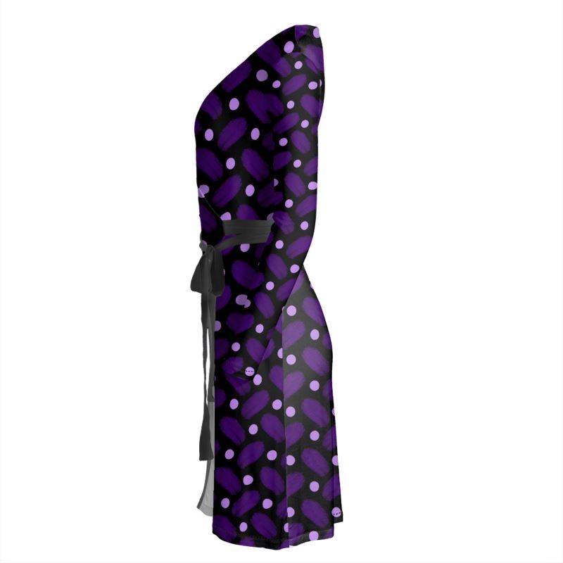Indigo and Dots on Black Wrap Dress