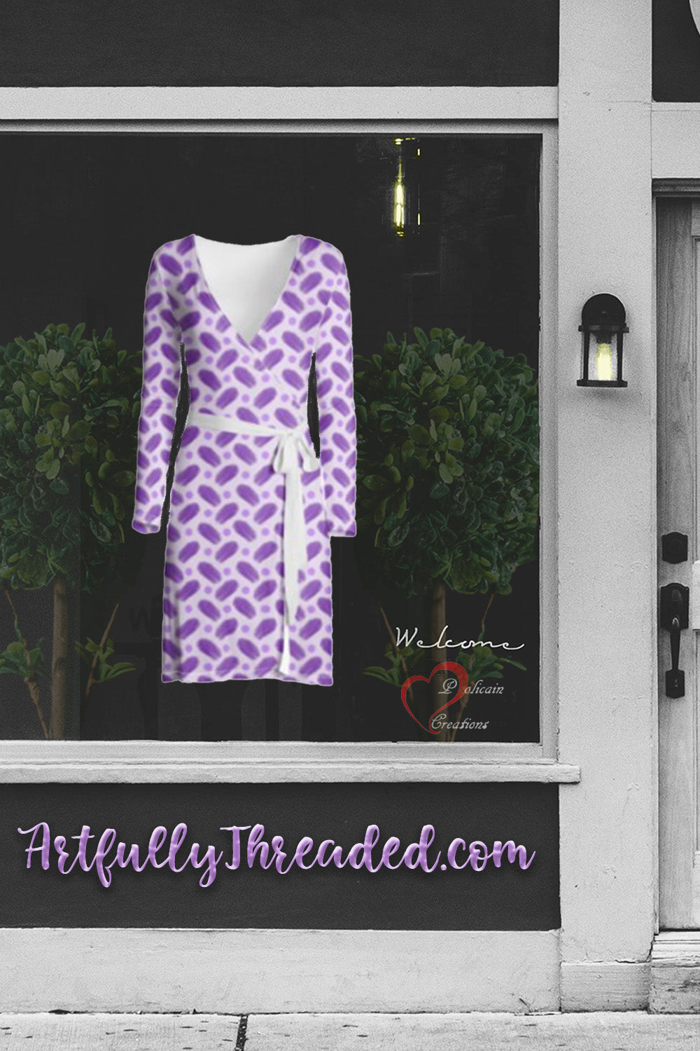 Indigo and Dots on Lavender Wrap Dress