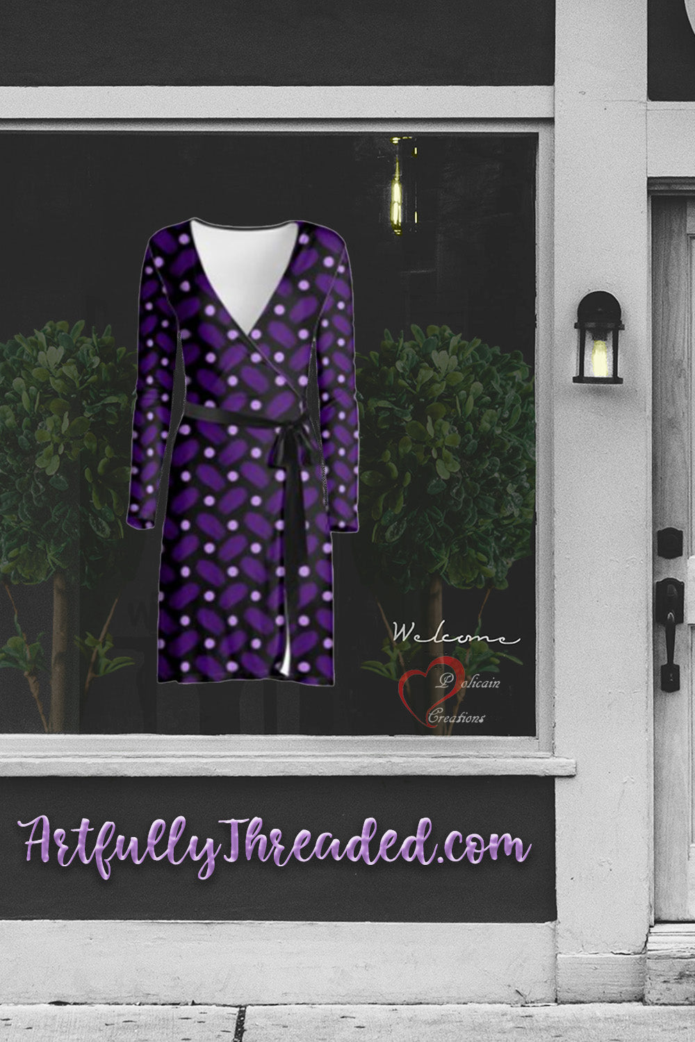 Indigo and Dots on Black Wrap Dress