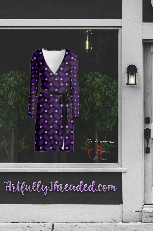 Indigo and Dots on Black Wrap Dress