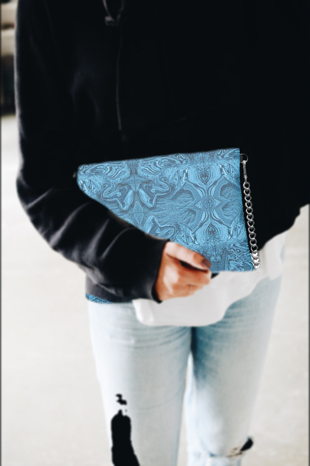 Blue Denim Design Crossbody Bag With Chain